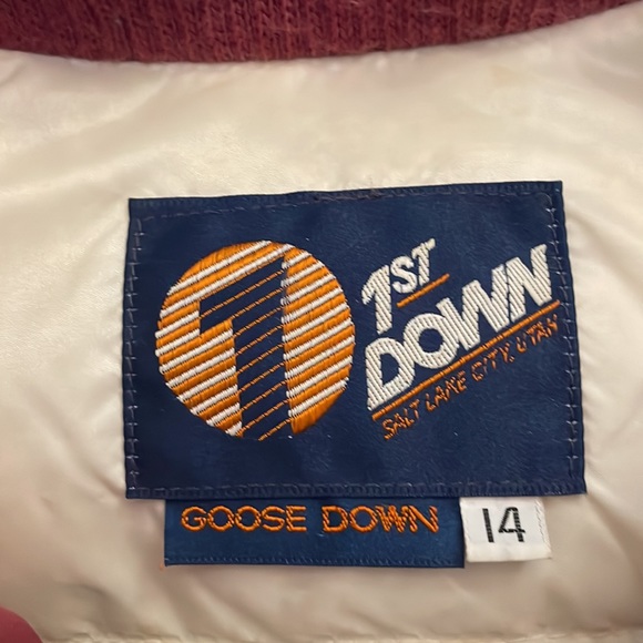 Vintage 80s 1st Down Sz 14 Burgundy & Navy Puff Sleeve 100% Goose Down Ski Coat - Picture 2 of 13